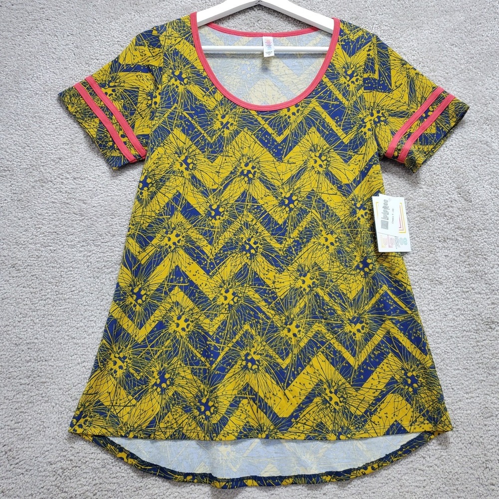 Lularoe Top Womens XS Multicolor Floral Chevron Stretch Scoop Neck Pullover